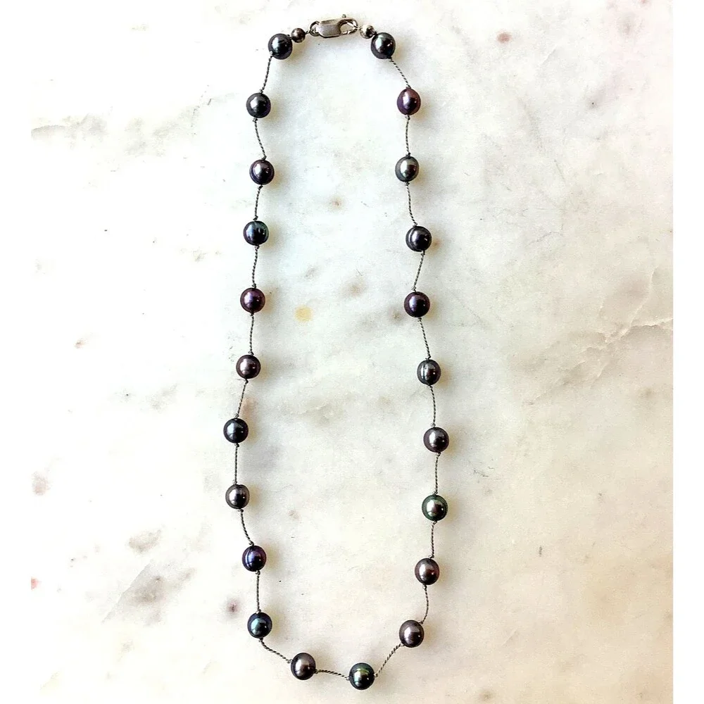 Vintage Peacock Pearls Necklace 6mm-7mm Sterling Silver 15'' Signed